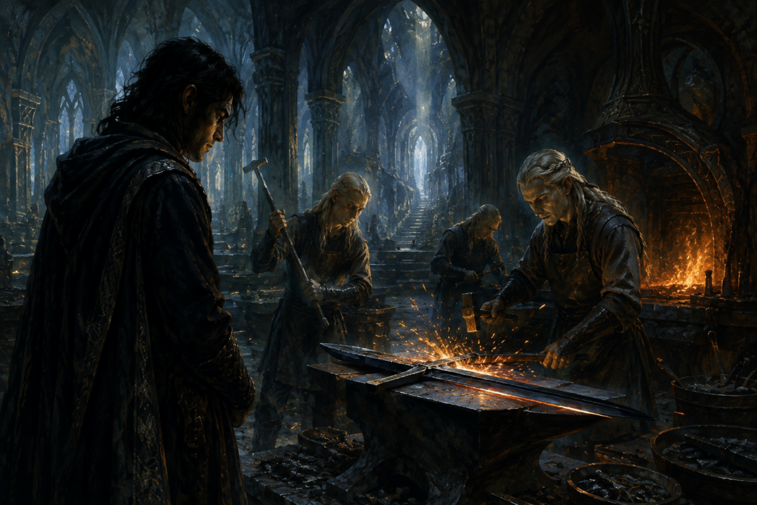 Elven smiths reforge Anglachel in the halls of Nargothrond as Túrin watches the black blade take new form.