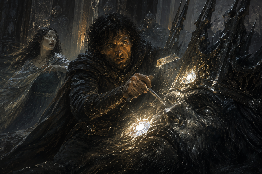 Angrist breaks as Beren attempts to remove another Silmaril from Morgoth’s Iron Crown.