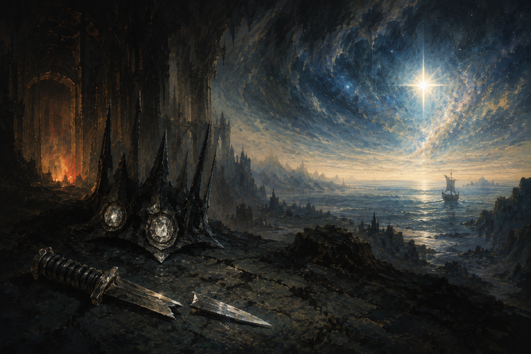 Broken Angrist in darkness contrasted with the liberated Silmaril shining later as the Star of Eärendil.