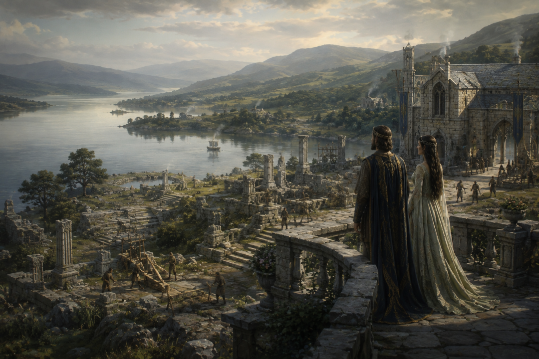 Annúminas beside Lake Evendim during its gradual restoration in the reign of King Elessar.