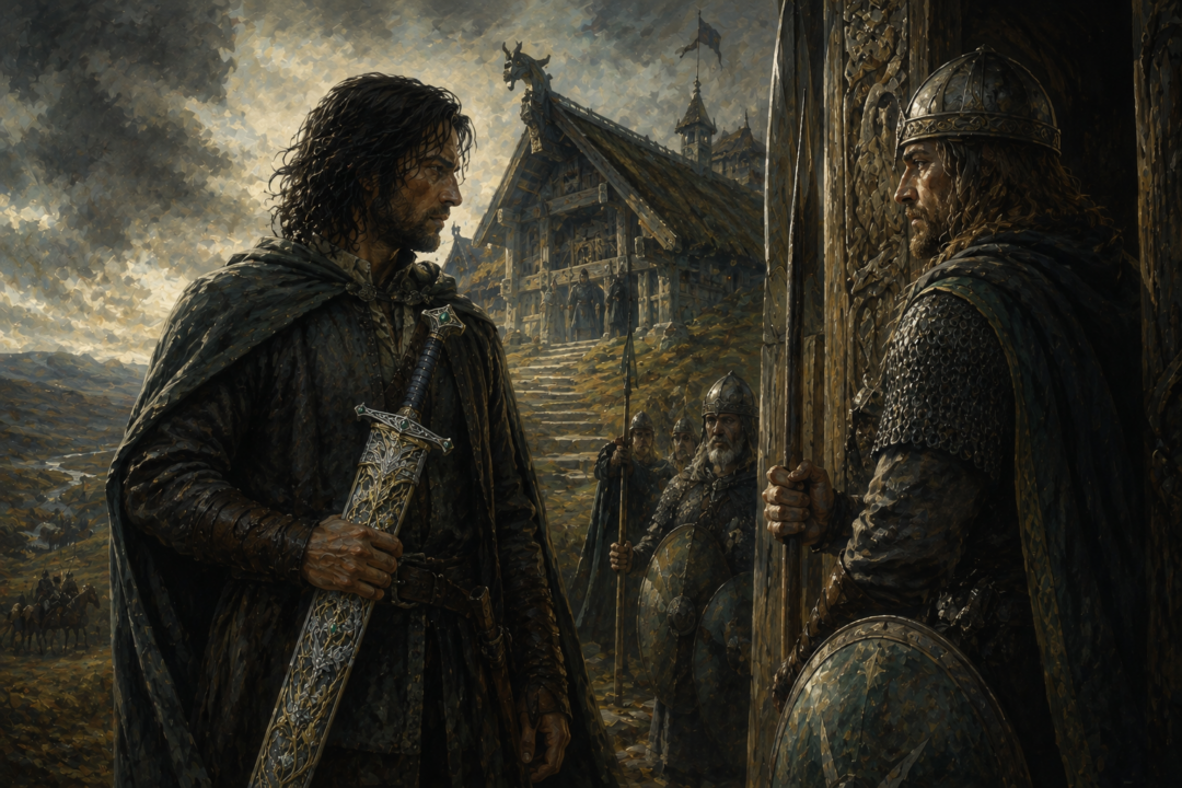 Aragorn guards Andúril in its glittering Elven sheath before entering the Golden Hall of Meduseld.