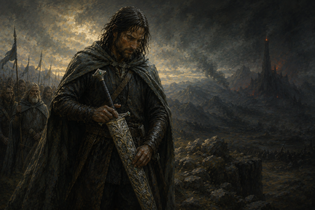 Aragorn carries Andúril safely in Galadriel's sheath while preparing for the final march toward the Black Gate.