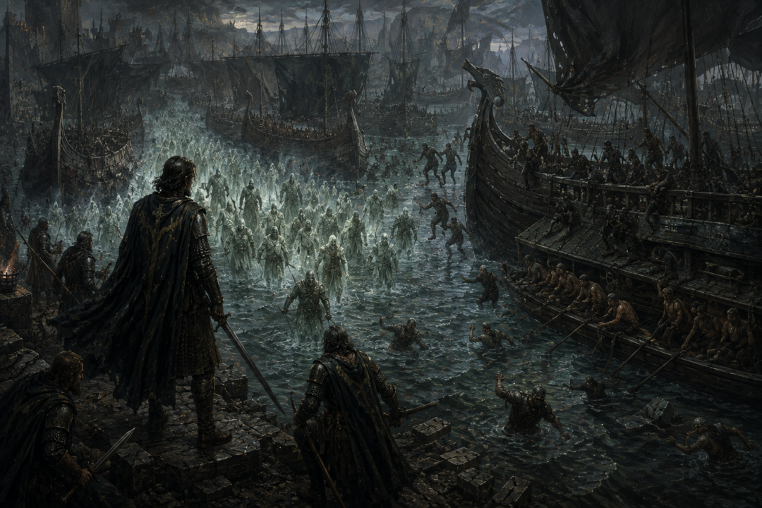 Aragorn and the Army of the Dead driving the Corsairs from their great fleet at Pelargir