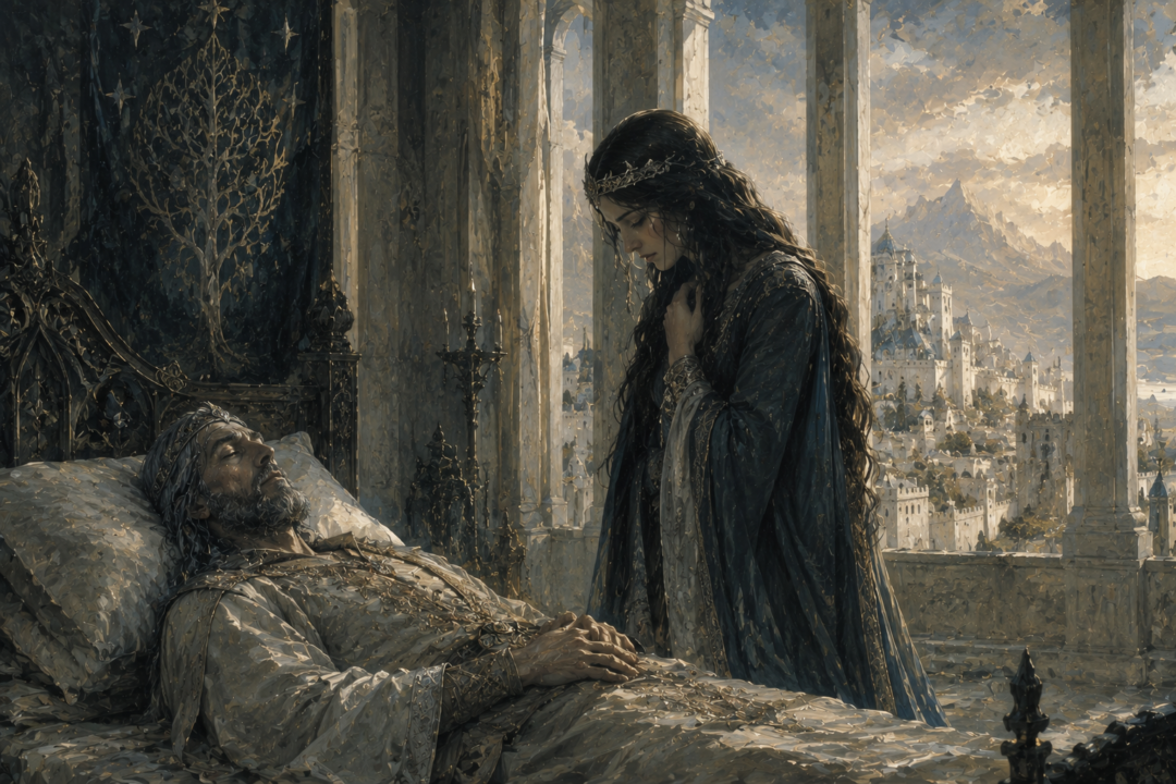 Arwen faces the mortal fate she chose as the aged Aragorn prepares to surrender his life in Minas Tirith.