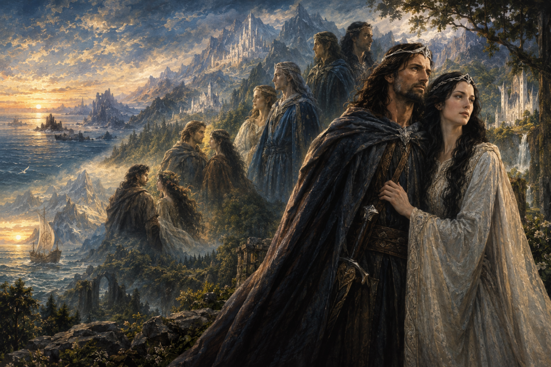Aragorn and Arwen with their ancestral lines reaching back through Elros, Elrond, Eärendil, and the lost realms of Beleriand