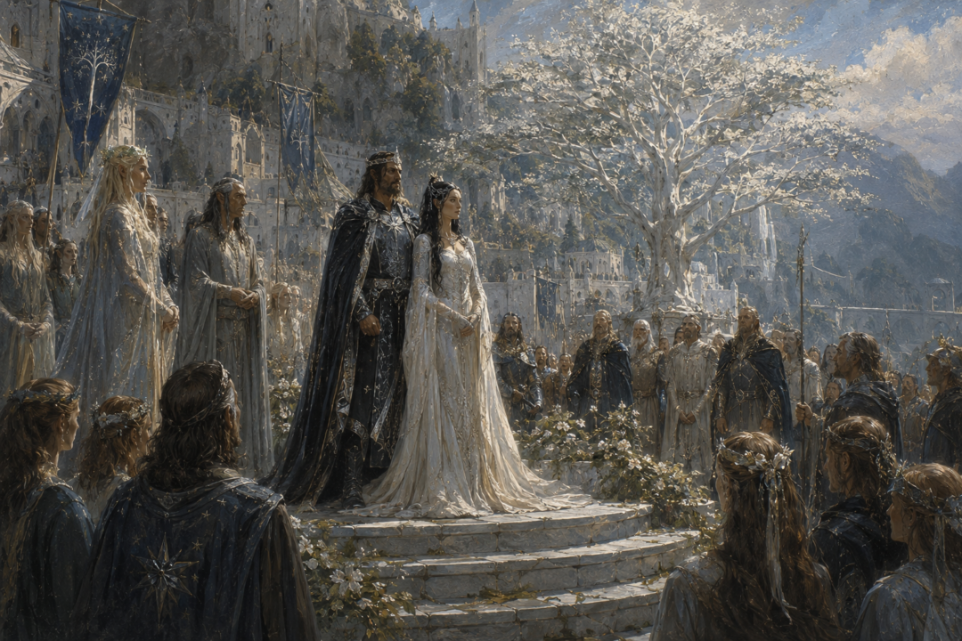 Aragorn and Arwen at their Midsummer wedding in Minas Tirith with Elves and Gondorians gathered around them