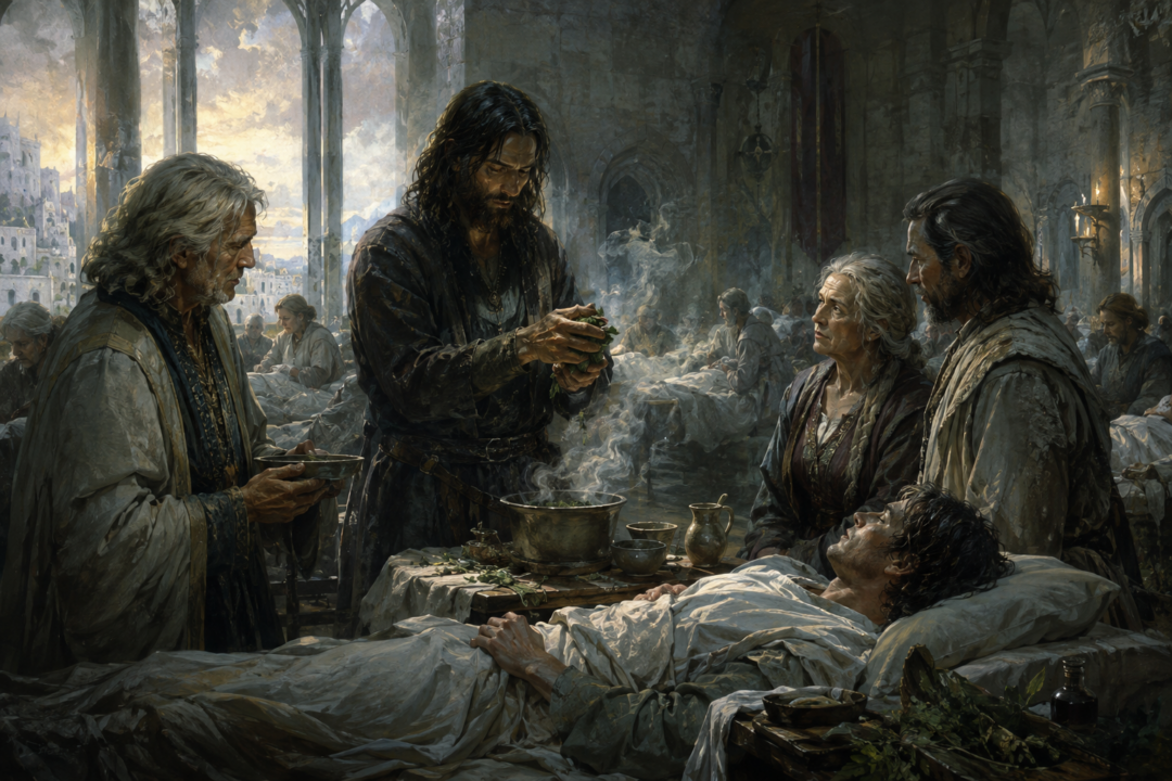 Aragorn prepares athelas in steaming water while Gondorian healers watch inside the Houses of Healing.