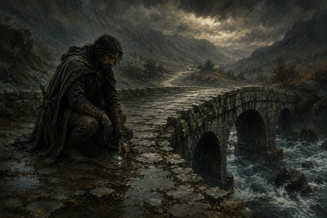 Aragorn discovers the pale-green beryl left as a token in the mud at the center of the Last Bridge.