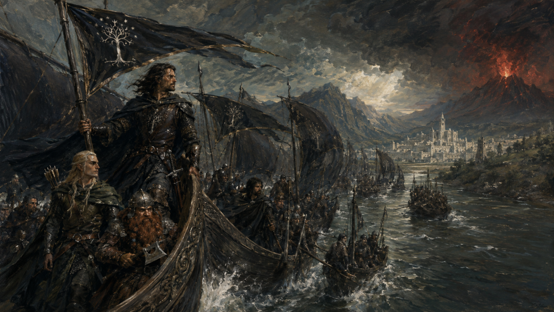 Aragorn leads captured black-sailed ships carrying Gondorian reinforcements north along the Anduin toward Minas Tirith.