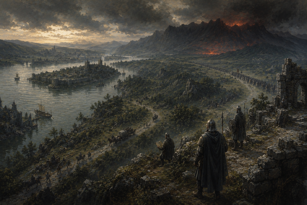 The Army of the West advancing toward the Morannon with northern Ithilien and the Anduin supply corridor behind it.