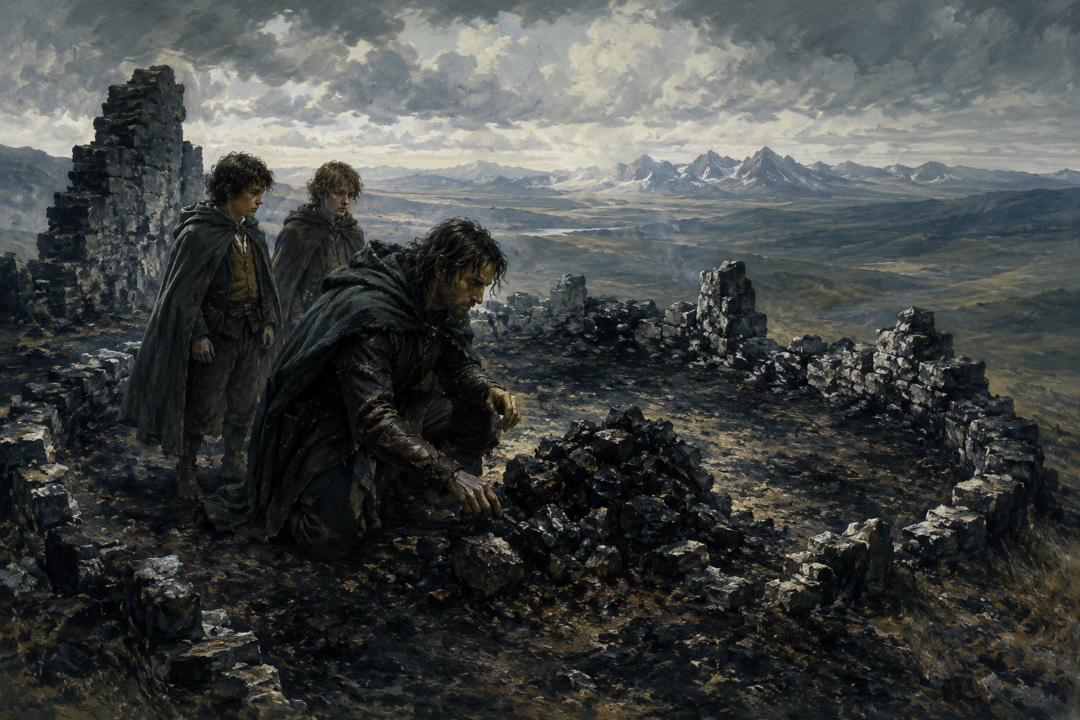 Aragorn examines the fire-scorched summit of Weathertop while Frodo and Merry watch.