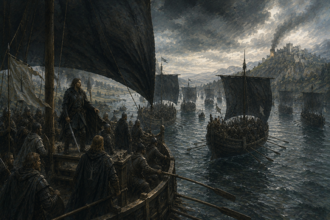 Aragorn and warriors from southern Gondor sail captured Corsair ships north along the Anduin toward Minas Tirith.