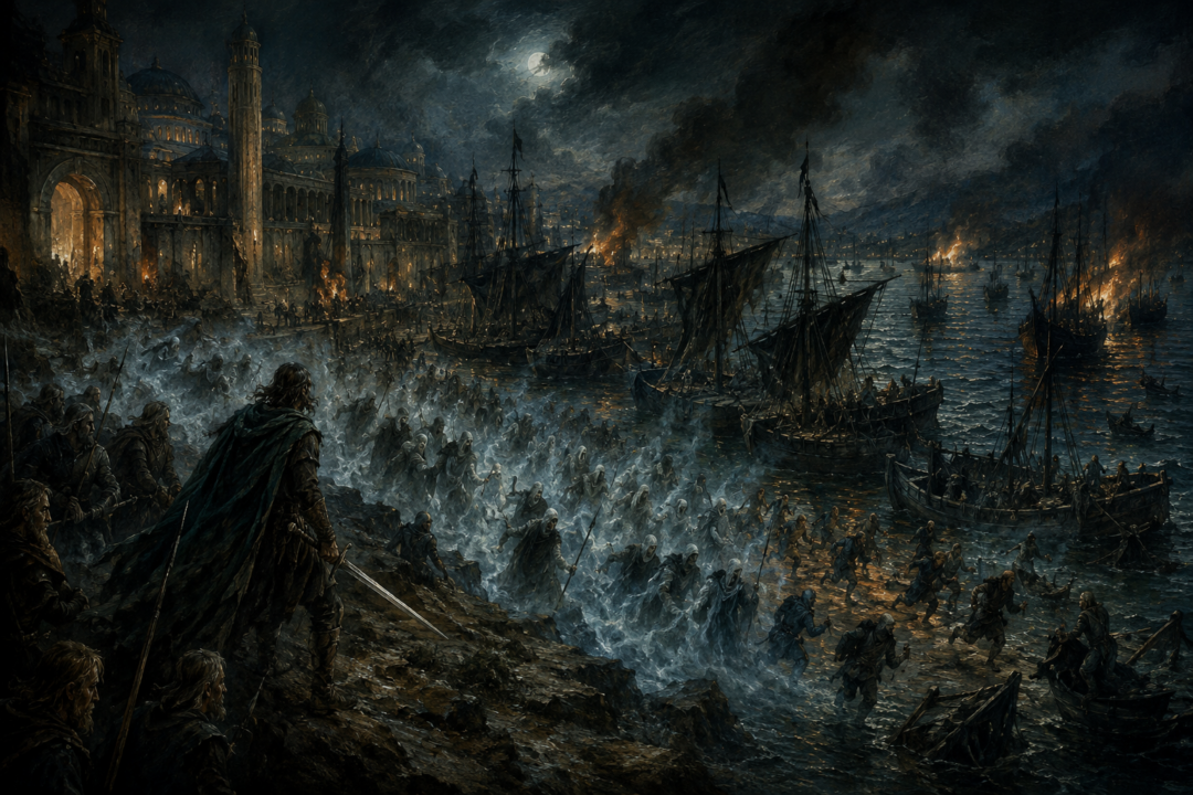 Aragorn and the Grey Company confront the Corsair fleet at Pelargir as the Shadow Host drives the enemy from the ships.
