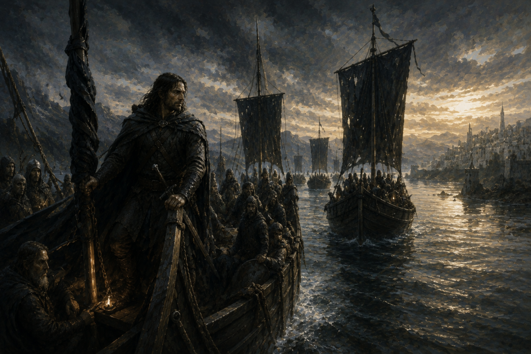 Aragorn and his allies sail captured Corsair ships up the Anduin with Arwen’s royal standard on the journey toward Minas Tirith.