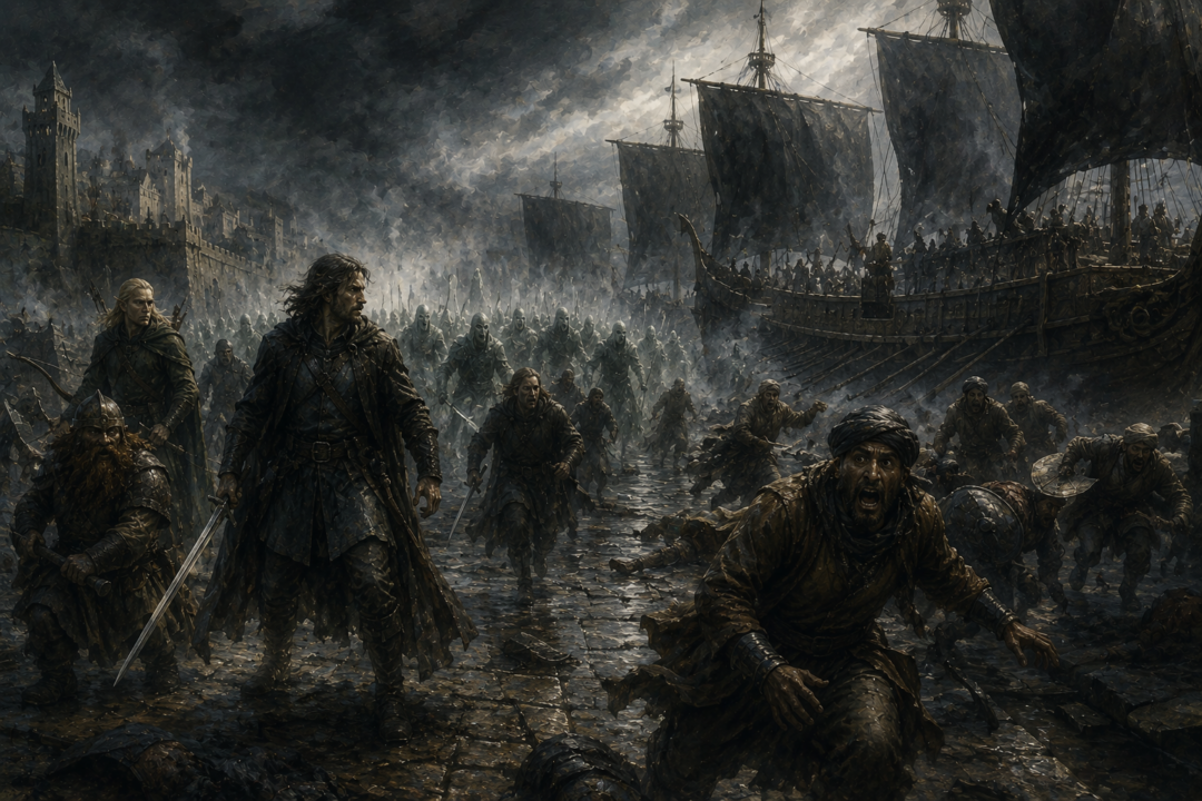 Aragorn and the oath-bound Dead arrive at Pelargir as terrified Corsairs flee from their black-sailed ships.