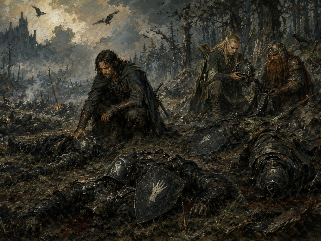 Aragorn, Legolas, and Gimli examine fallen Orcs bearing the White Hand and S-rune of Isengard near Amon Hen.