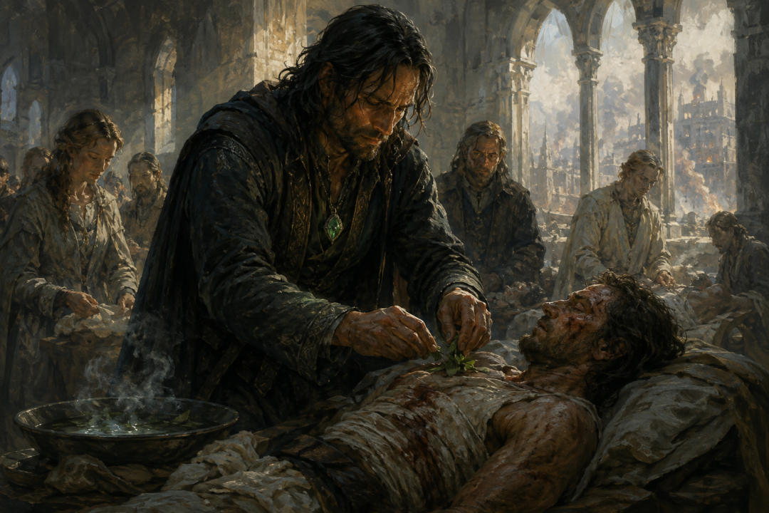 Aragorn wearing the green Elessar while using athelas to tend the wounded in the Houses of Healing.