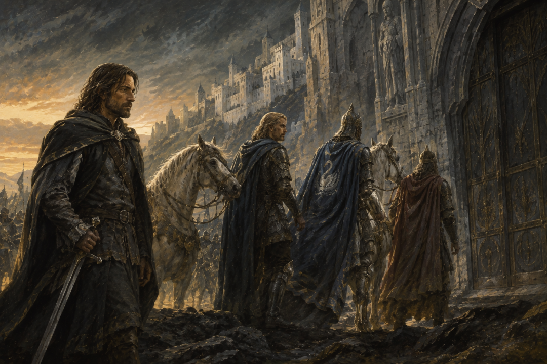 Aragorn remains outside Minas Tirith while Éomer and Prince Imrahil prepare to enter the City after the Pelennor victory.
