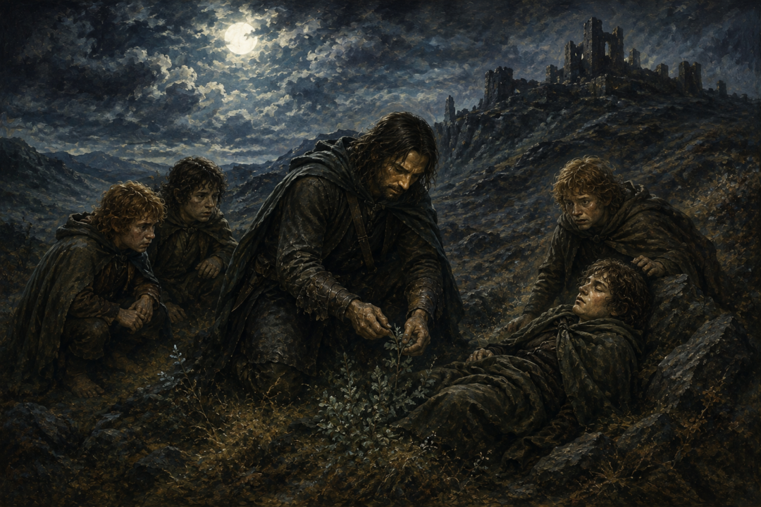 Aragorn identifies athelas in the wilderness while tending the wounded Frodo near Weathertop.
