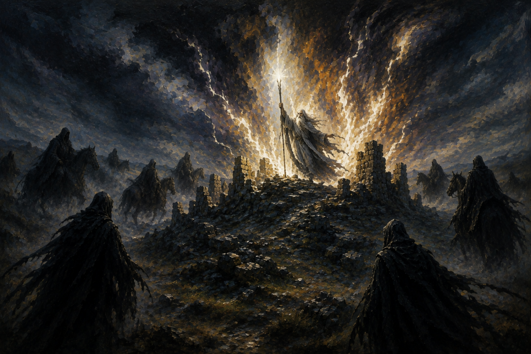 Aragorn uses burning brands to defend the hobbits from the Nazgûl in the dell below Weathertop.