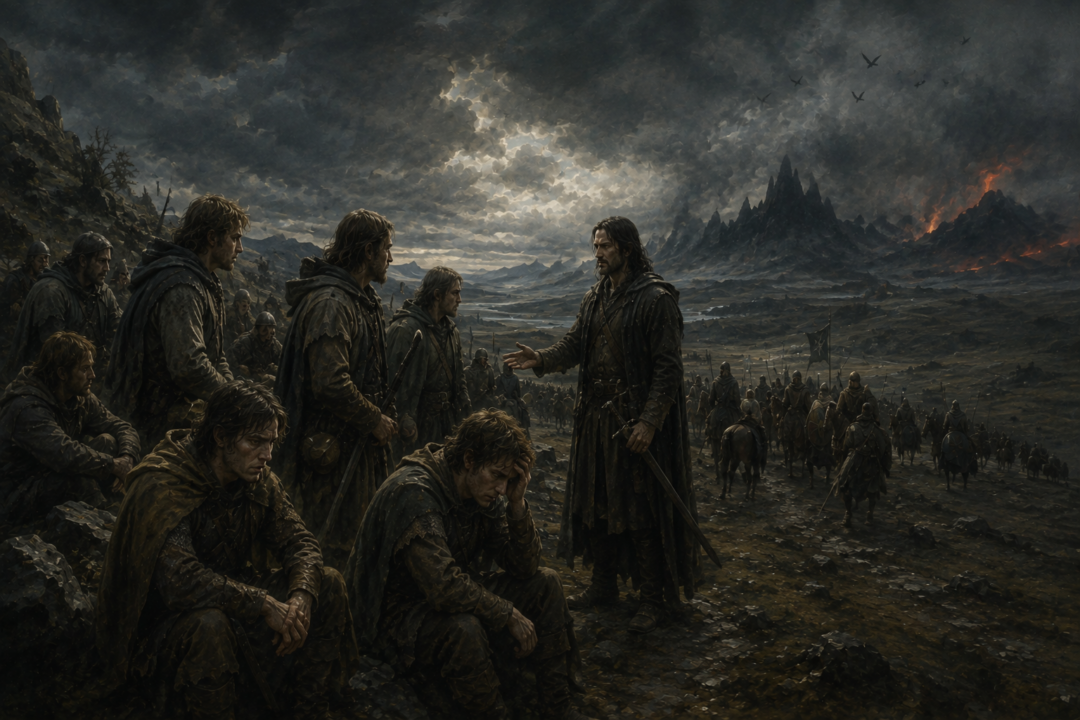 Aragorn shows compassion to young soldiers overcome by fear as the Army of the West approaches the desolation before Mordor.