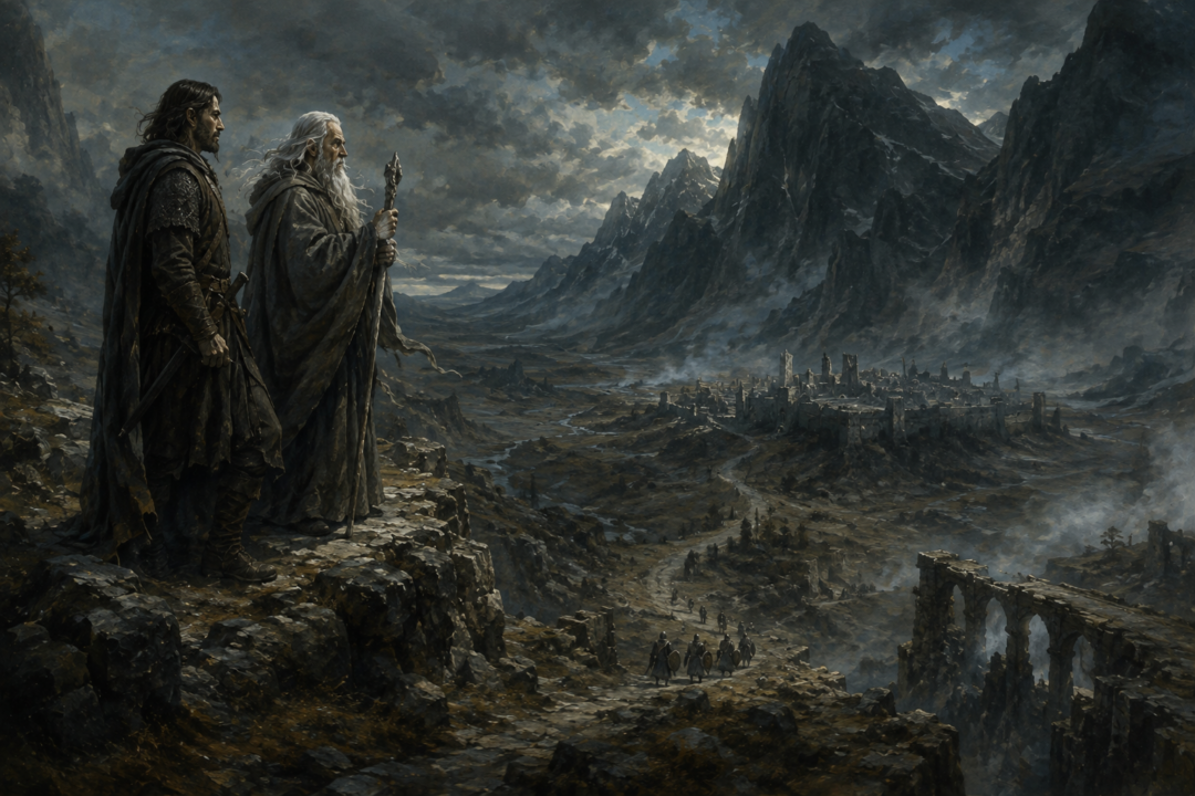 Aragorn and Gandalf look into the threatening Morgul Vale while avoiding drawing attention toward the Ring-bearer's possible route.