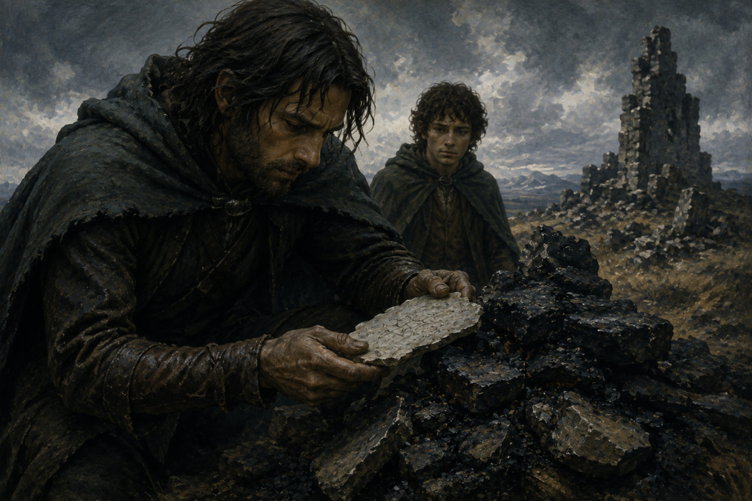 Aragorn examines a marked stone among the burned remains on the summit of Weathertop.