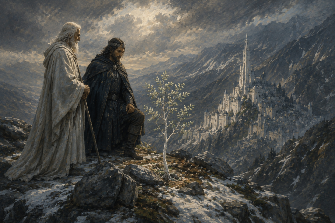 Aragorn and Gandalf discovering a living sapling of the White Tree in the high hallow of Mount Mindolluin.
