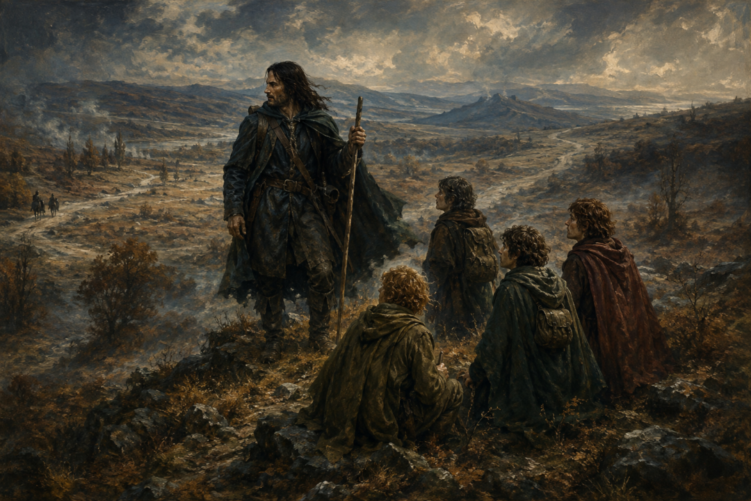 Aragorn guides four hobbits away from the Great East Road through the wild country of Eriador.