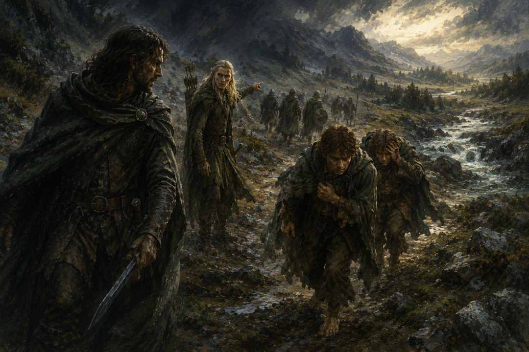 Aragorn tends the wounded Frodo and Sam beside a mountain stream during the journey toward Lothlórien.