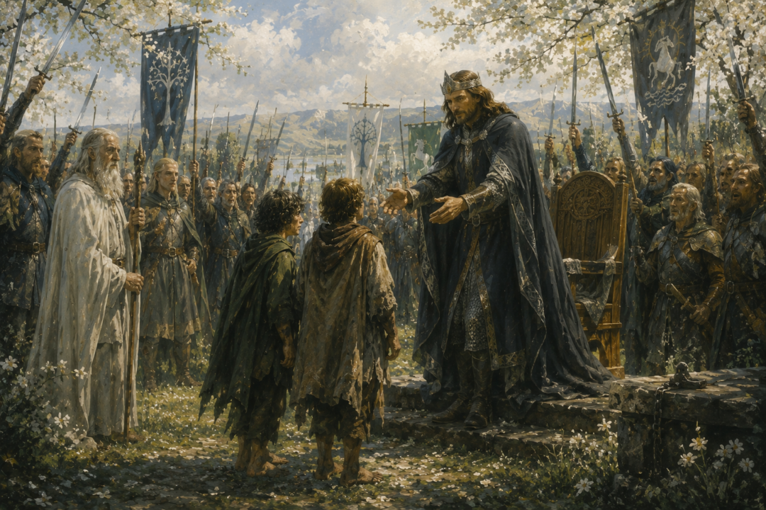 Aragorn honours Frodo and Sam before the gathered warriors on the Field of Cormallen.