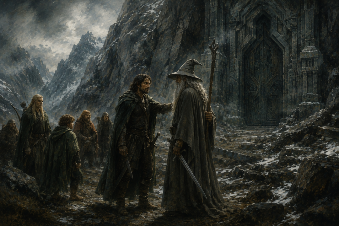 Aragorn leads the Fellowship away from Moria as wounded Frodo and Sam struggle to keep pace.