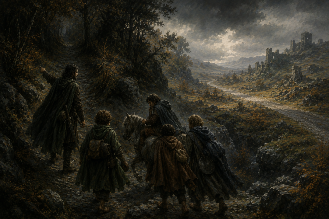 Aragorn leads the hobbits away from the Great East Road into the difficult wooded hills of the Trollshaws.