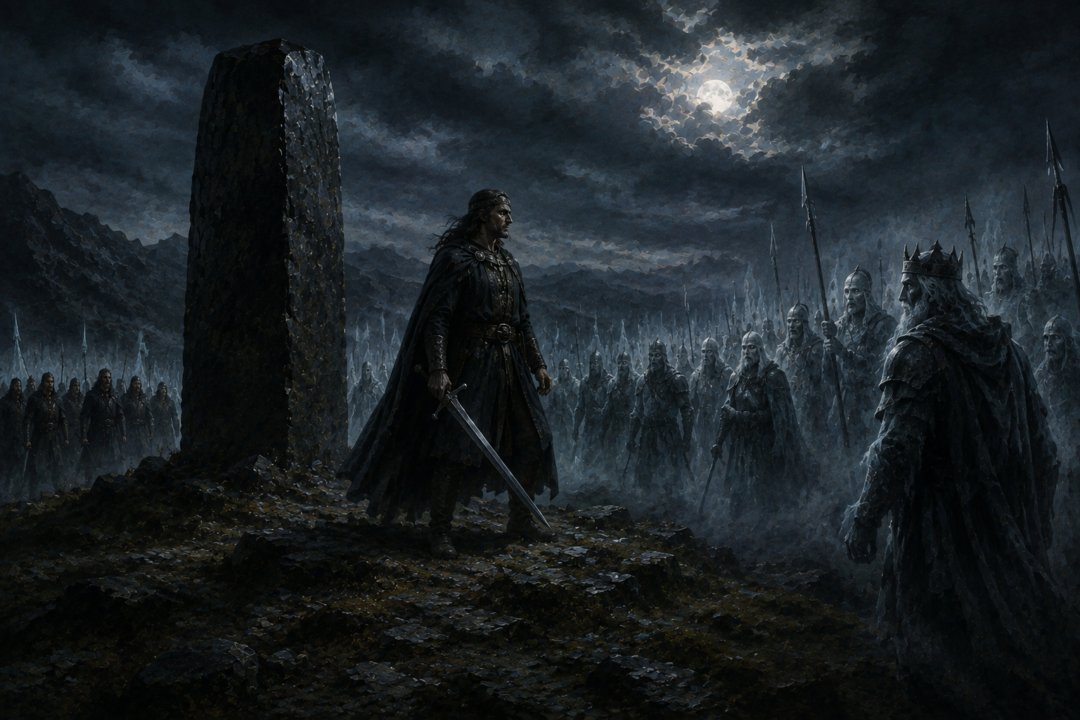 Aragorn confronts the Oathbreakers at midnight beside the ancient Stone of Erech.