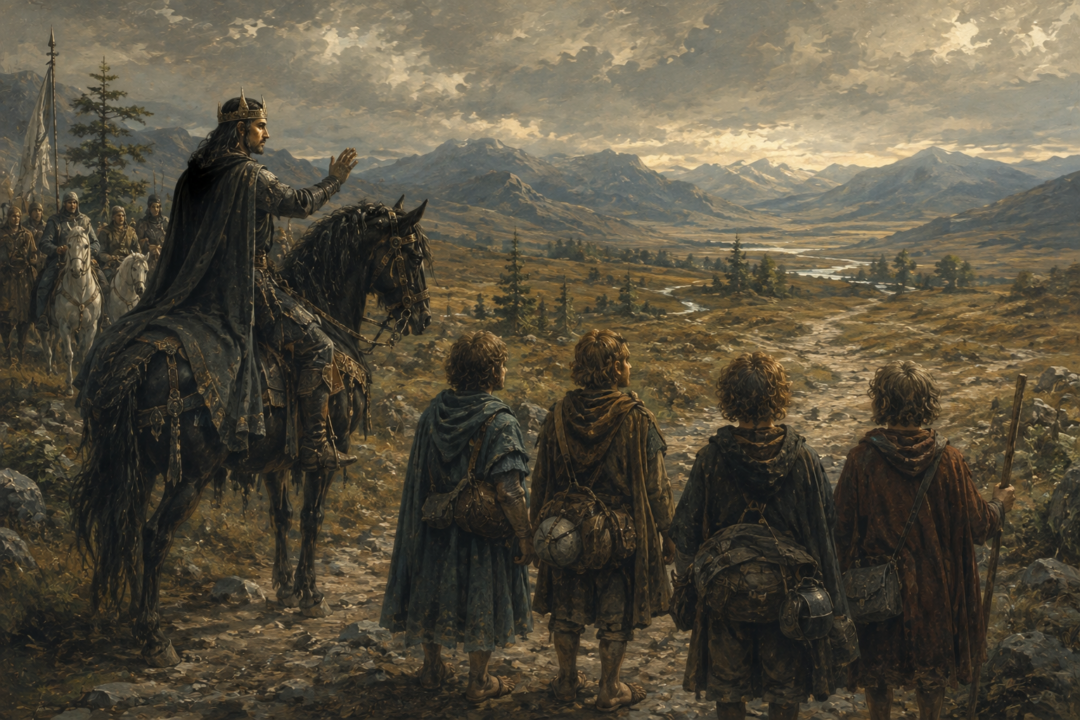 Aragorn bids farewell to Frodo, Sam, Merry, and Pippin as the hobbits continue their journey home.