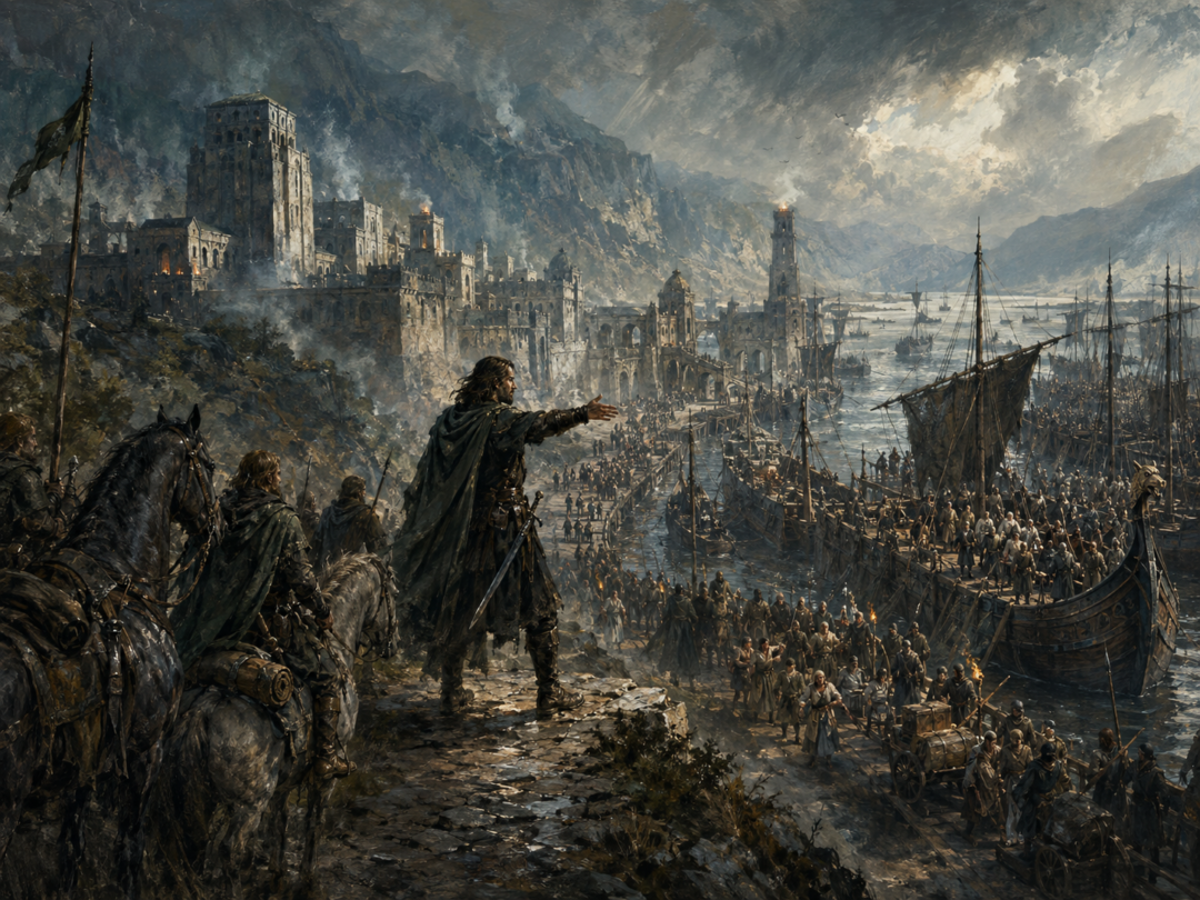 Aragorn stands between his small overland company and the captured fleet carrying newly rallied southern Gondorian forces.
