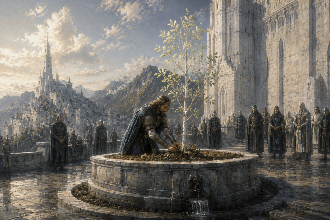 Aragorn planting the new White Tree beside the fountain in the high court of Minas Tirith.