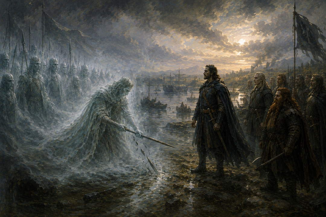 Aragorn releases the oathbreakers at Pelargir as the King of the Dead bows and breaks his spear.