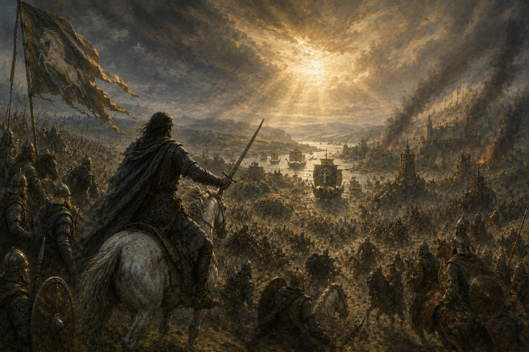 Aragorn's captured ships arrive at the Harlond as Éomer and the Rohirrim realize unexpected reinforcements have reached the Pelennor Fields.