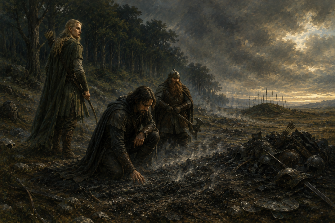 Aragorn, Legolas and Gimli searching the smoking remains of the Orc battlefield at the edge of Fangorn.
