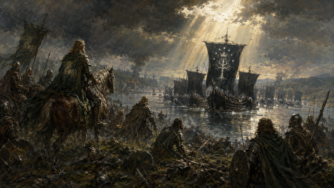 Aragorn's royal standard unfurls above the black-sailed fleet as Éomer and the Rohirrim realize reinforcements have reached the Pelennor Fields.