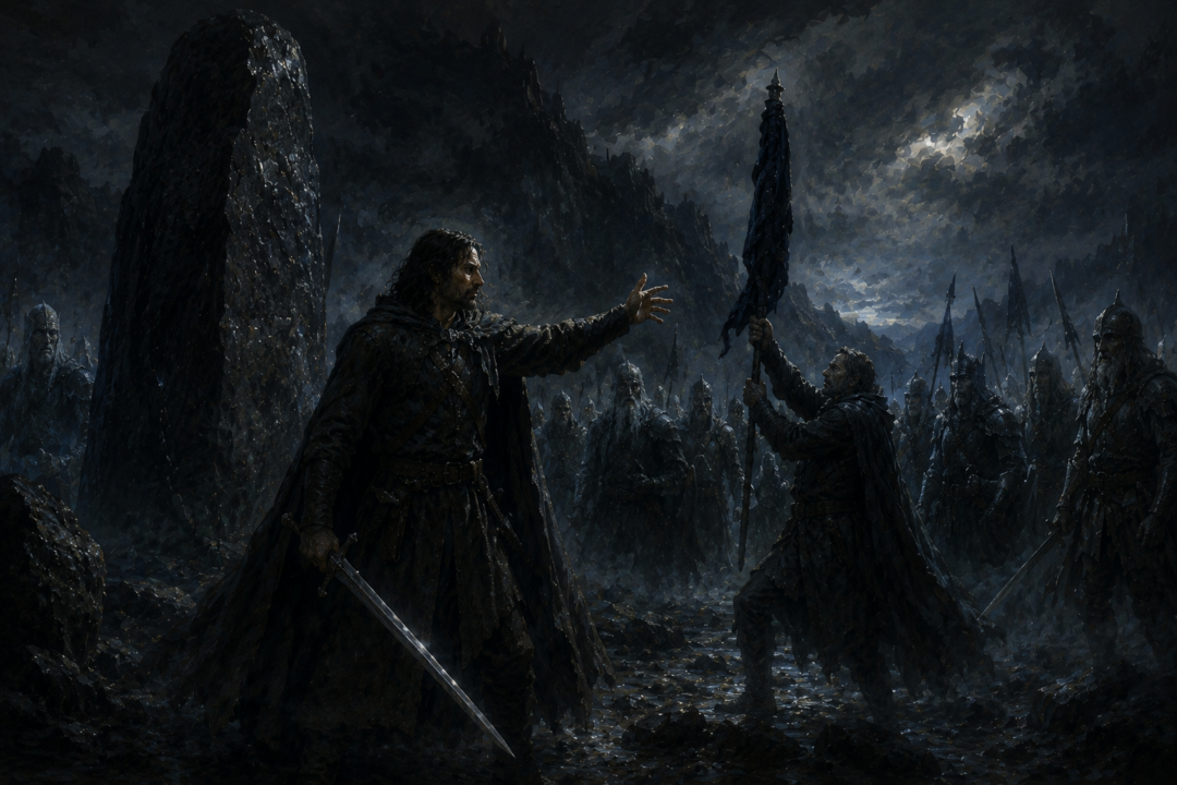 Aragorn stands before the Oathbreakers at the Stone of Erech while Halbarad unfurls Arwen’s standard in the darkness.