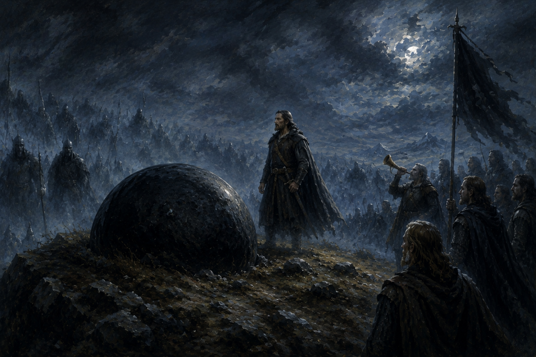 Aragorn stands beside the Stone of Erech at midnight as the Dead gather to fulfill their ancient oath.