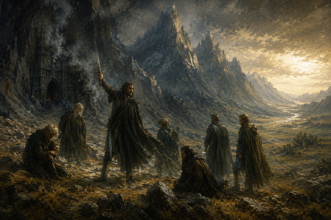 Aragorn bids farewell to Gandalf beneath the Mountains of Moria before leading the Fellowship onward.
