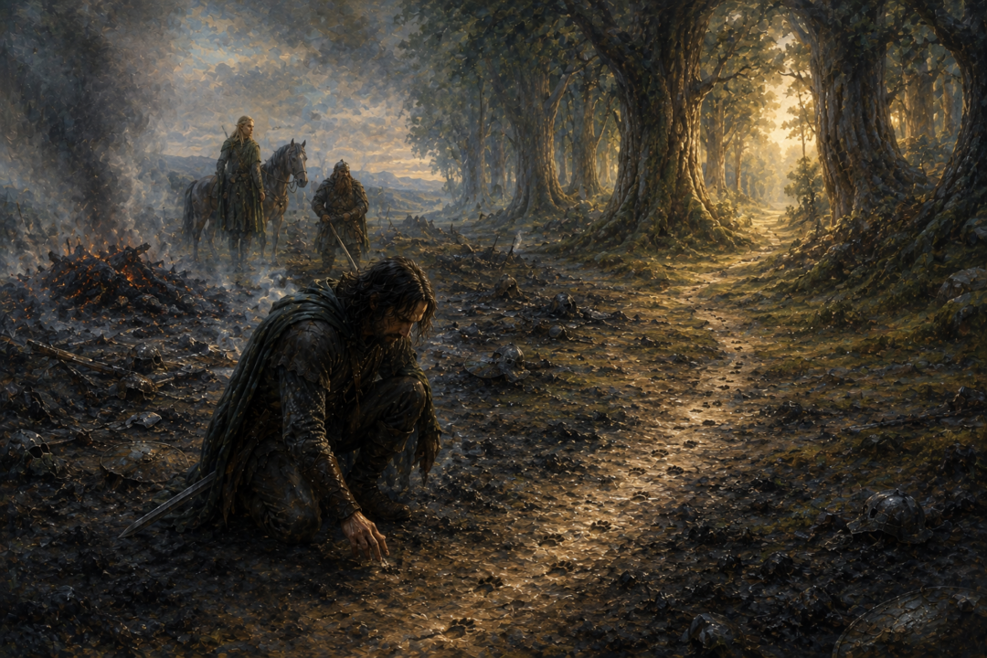 Aragorn examining faint tracks leading toward Fangorn with the ashes of the burned Orcs behind him.