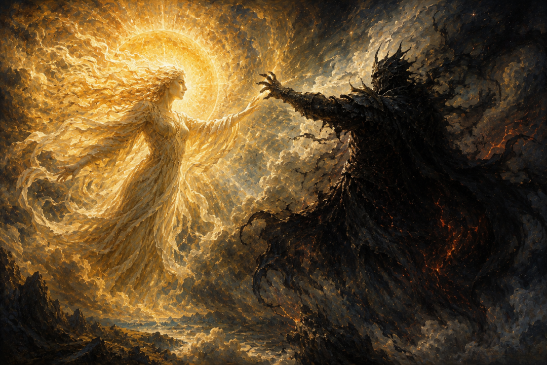 Radiant Arien confronts the shadow of Melkor in a mythic scene inspired by the later writings about the Sun.