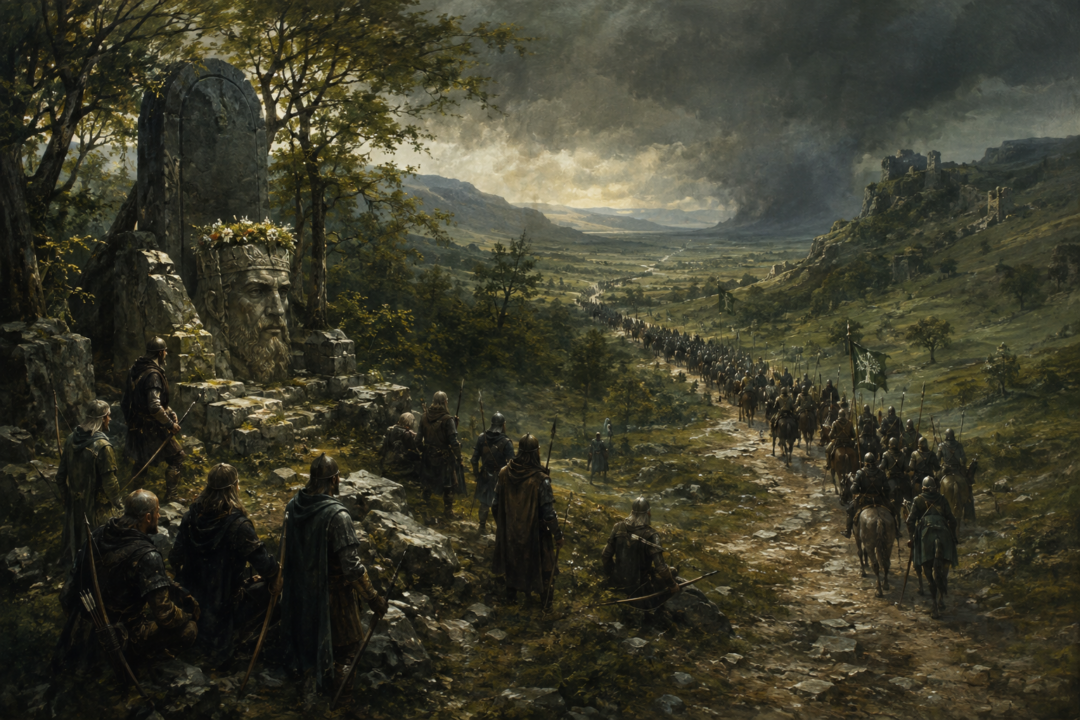 Gondorian archers remain on guard at the Cross-roads of Ithilien as the Army of the West marches north toward Mordor.