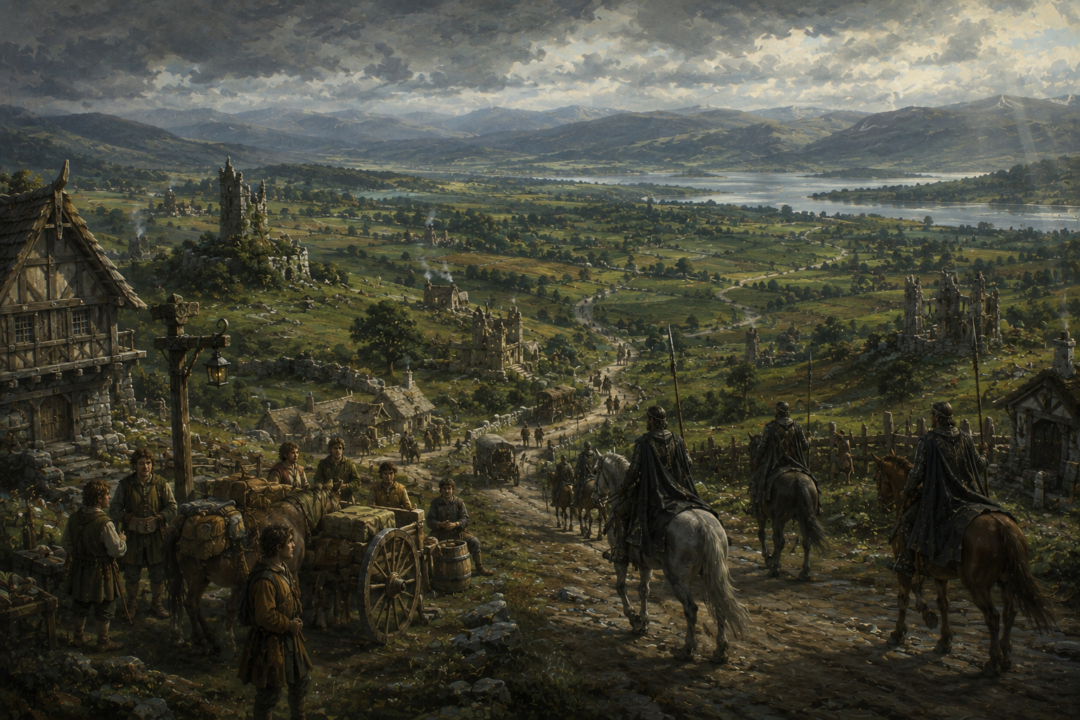 The restored North-kingdom of Arnor shown through roads, patrols, settlements, and returning population across Eriador.