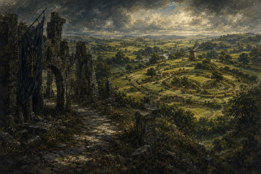 Ruins of ancient Arnor give way to peaceful Hobbit fields, symbolizing the Dúnedain calendar tradition preserved in the Shire.