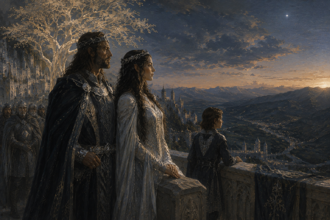 Arwen and Aragorn with their son Eldarion overlooking the Reunited Kingdom from Minas Tirith in the Fourth Age